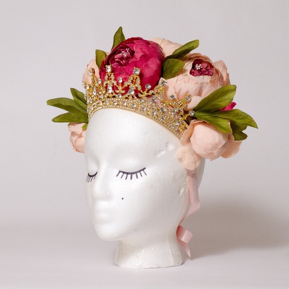 Handmade Pink Flower Rhinestone Gold Crown main image 10